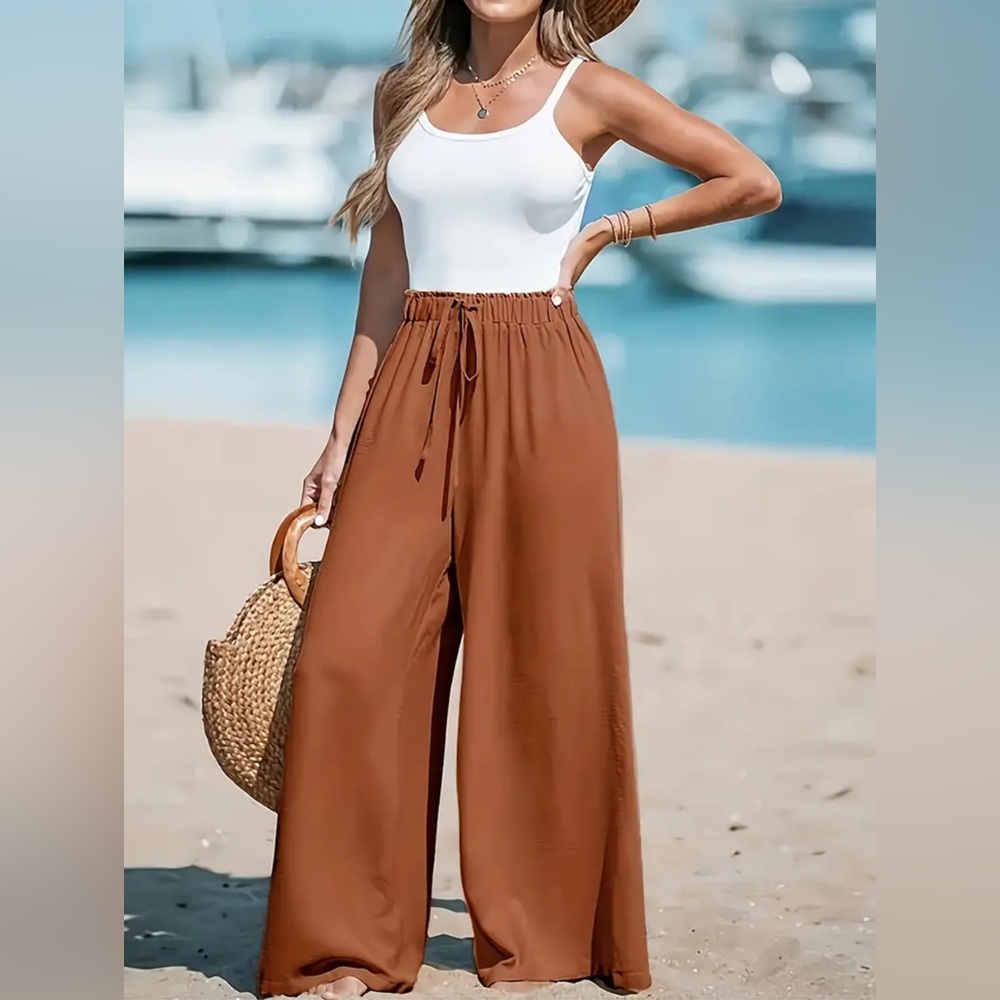 Long Length Elegant Wide Leg Pants - Soft Polyester, Fake Drawstring,